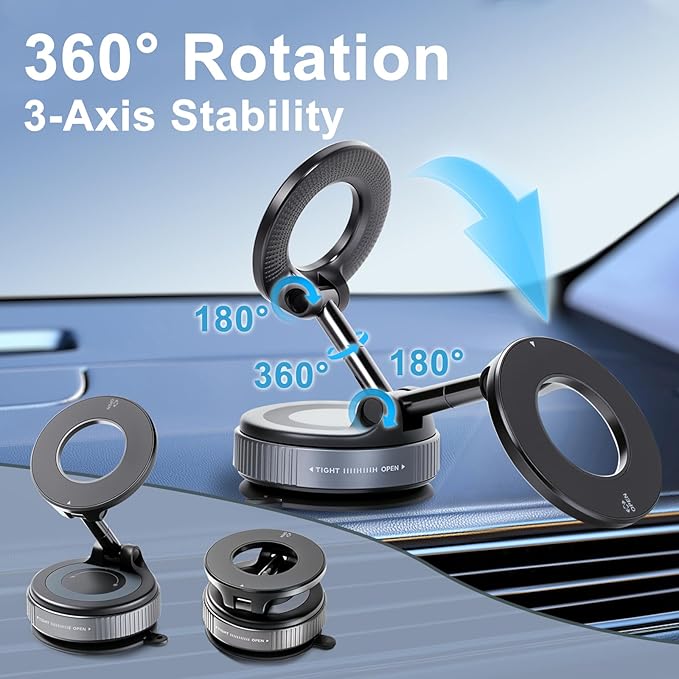 Vacuum Magnetic Car Phone Holder, 360° Adjustable Magsafe Car Mount with Strong Suction Cup for iPhone Android All Smartphones，Foldable Magnetic Phone Holder for Car/Gym/Mirror/Smooth Surface