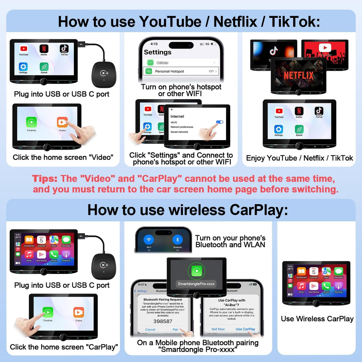 Wireless CarPlay Adapter, CarPlay Wireless Adapter Supports Netflix, YouTube, and Tiktok Stream Media Play, for OEM Wired CarPlay to Wireless Dongle, Fits for Cars from 2016 & iOS 10+ Phone
