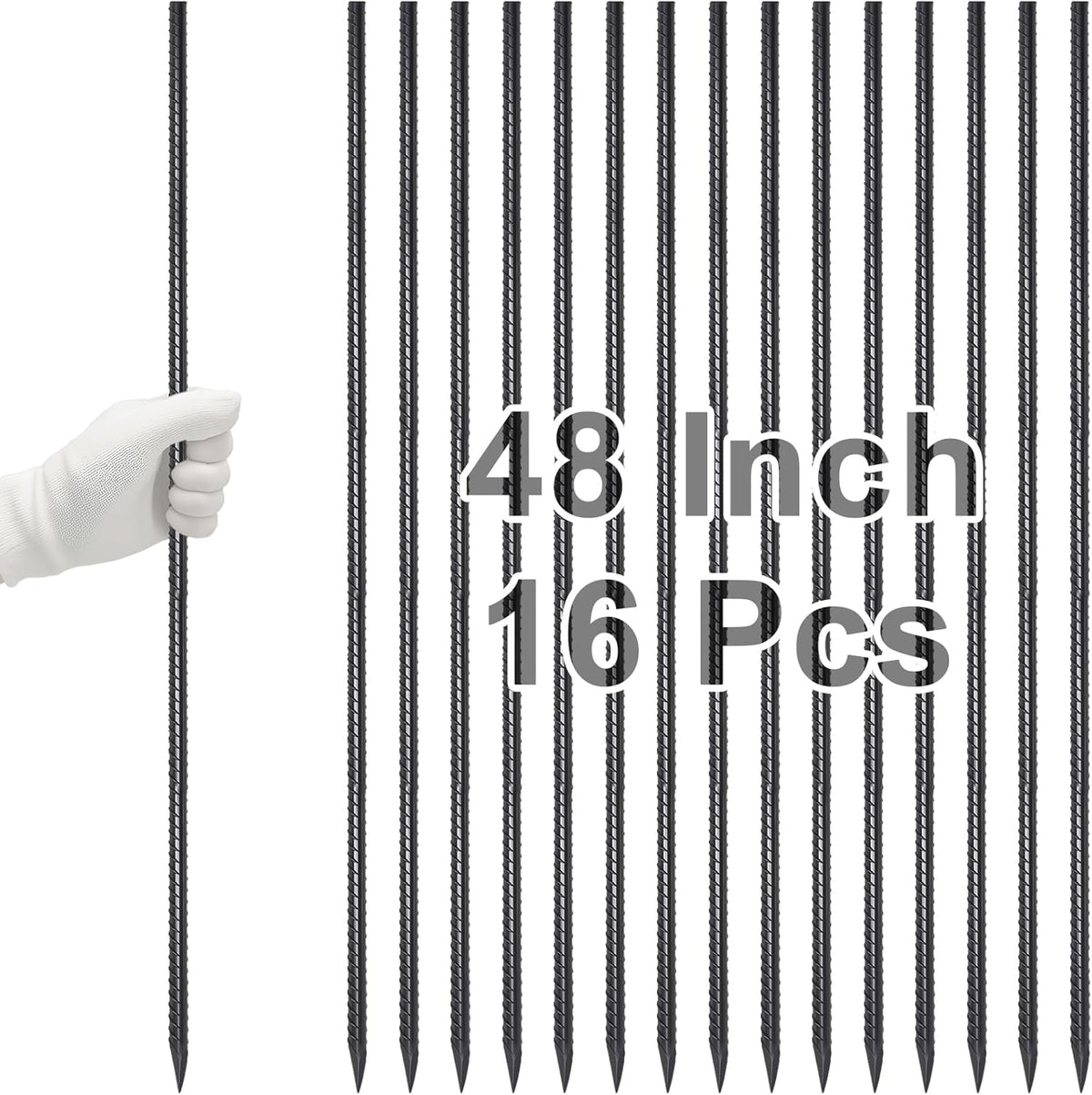 VVOKGO Rebar Stakes 48 Inch 16-Pack Concrete Form Stakes Heavy Duty Straight Ground Anchors, 3/8" Diameter Metal Steel Spikes with Chisel Point End for Plant Support, Garden Border,Landscape Edging