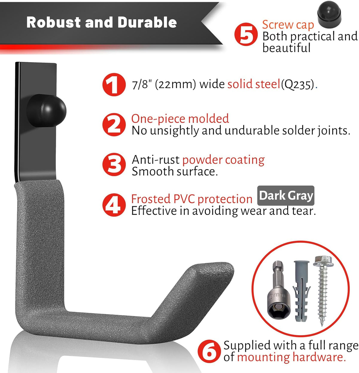 Garage Hooks for Hanging Heavy Duty, Ladder Hooks for Garage Wall Hanger, Metal J Utility Hooks, Shovel Holder Wall Mount Hooks, Garden Tool Organizer Storage for Helmet, Backpack-6Pack