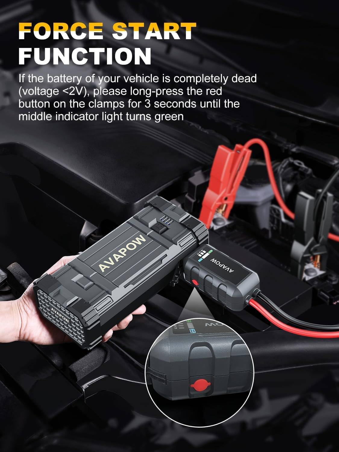 AVAPOW Car Battery Jump Starter 3000A Peak, Jumpstart with Force Start Function, Portable Starters for Up to 8L Gas 8L Diesel Engine with Booster Function,12V Lithium Jump Charger Pack Box