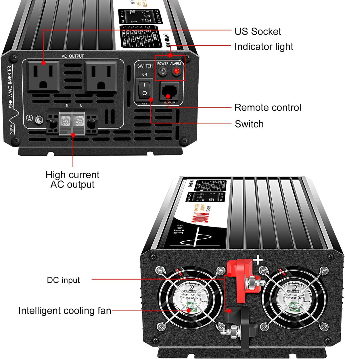 Xijia 2000W Pure sine Wave Power Inverter (Peak Power 4000W) dc 12v to 110v/120V ac 60HZ LCD-Display Bluetooth Remote Control,2 AC Outlets for RV, Camping, Boat,Outdoor