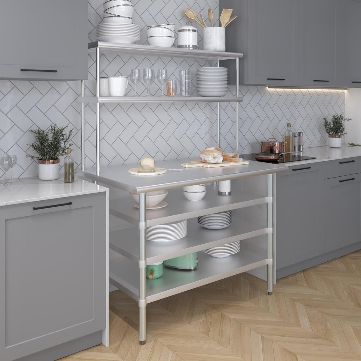 Amgood 30" x 48" Stainless Steel Work Table with 3 Shelves and 12" Wide Double Tier Overshelf | Metal Kitchen Prep Table & Shelving Combo | NSF