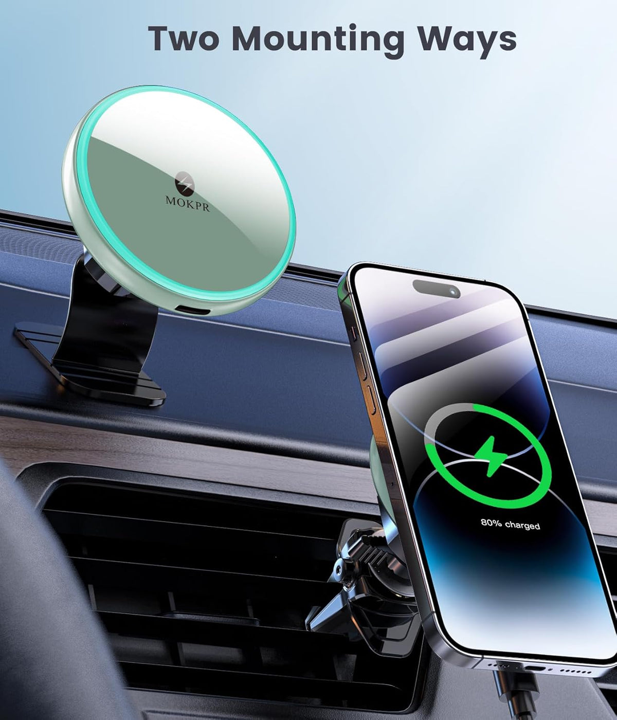 MOKPR for Magsafe Car Mount Charger-15W Wireless Car Charger-Magnetic Car Phone Holder for Dash Air Vent-LED RGB HandsFree Car Mount Fast Car Charger for iPhone 14/13/12 Series,Green