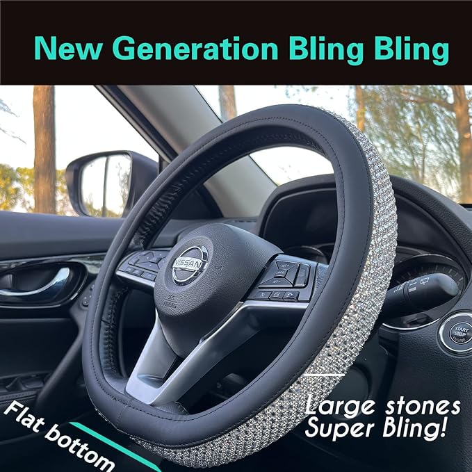 PINCTROT D Shaped Bling Comfy Steering Wheel Cover with Jumbo Crystal Rhinestones, Anti-Slip Diamond Leather, Flat Bottom 14.5-15 Inch (Silver)