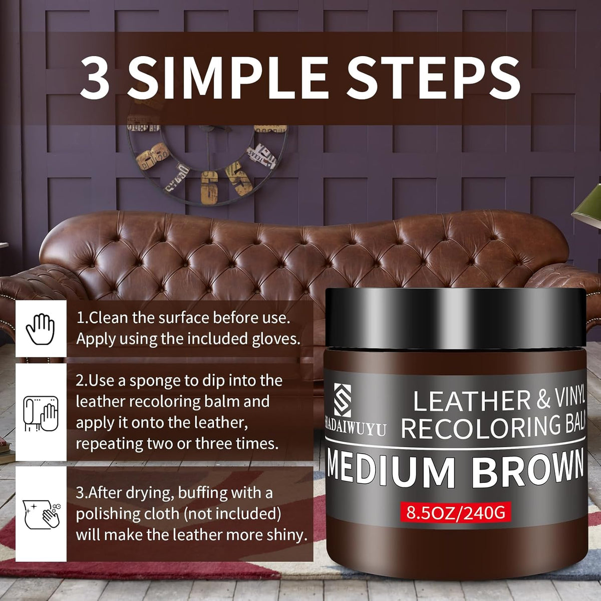 Leather Recoloring Balm,8.5oz Leather Color Restorer,Medium Brown Leather Repair kit for Furniture and Car Interior,Leather Couch Scratch Repair,Leather Dye Paint for Faded,Cracked and Damaged Leather
