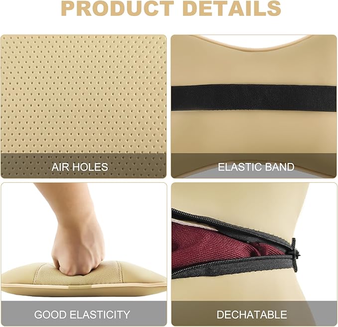 2 Pack Car Neck Pillow PU Leather Automotive Headrest Pillow for Car Support Neck Pain Relief Universal Car Pillow (Beige)
