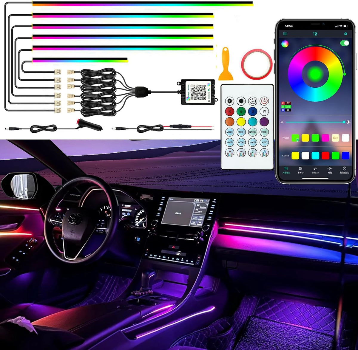 Interior Car LED Lights, RGB Dream Color Acrylic LED Lights for Car, Ambient Lighting Kits with Wireless APP and RF Remote Control, Music Sync Dynamic Chasing (6 in 1)