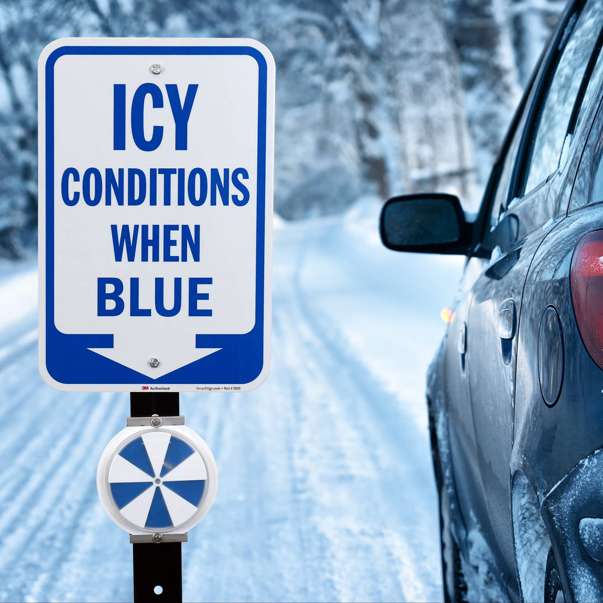 SmartSign Icy Conditions When Blue Sign with Down Arrow - 18 x 12 inch, 63 mil Aluminum, 3M Laminated Engineer Grade Reflective Material, Blue and White, Made in USA