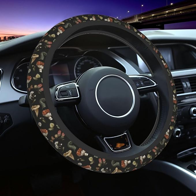 Black Mushrooms Steering Wheel Cover, Cute Funny Anti-Slip Breathable Car Accessories Interior Elastic Steering Wheel Cover for Men Women Fit Auto, SUV Vans Truck Universal 14.5-15 Inch