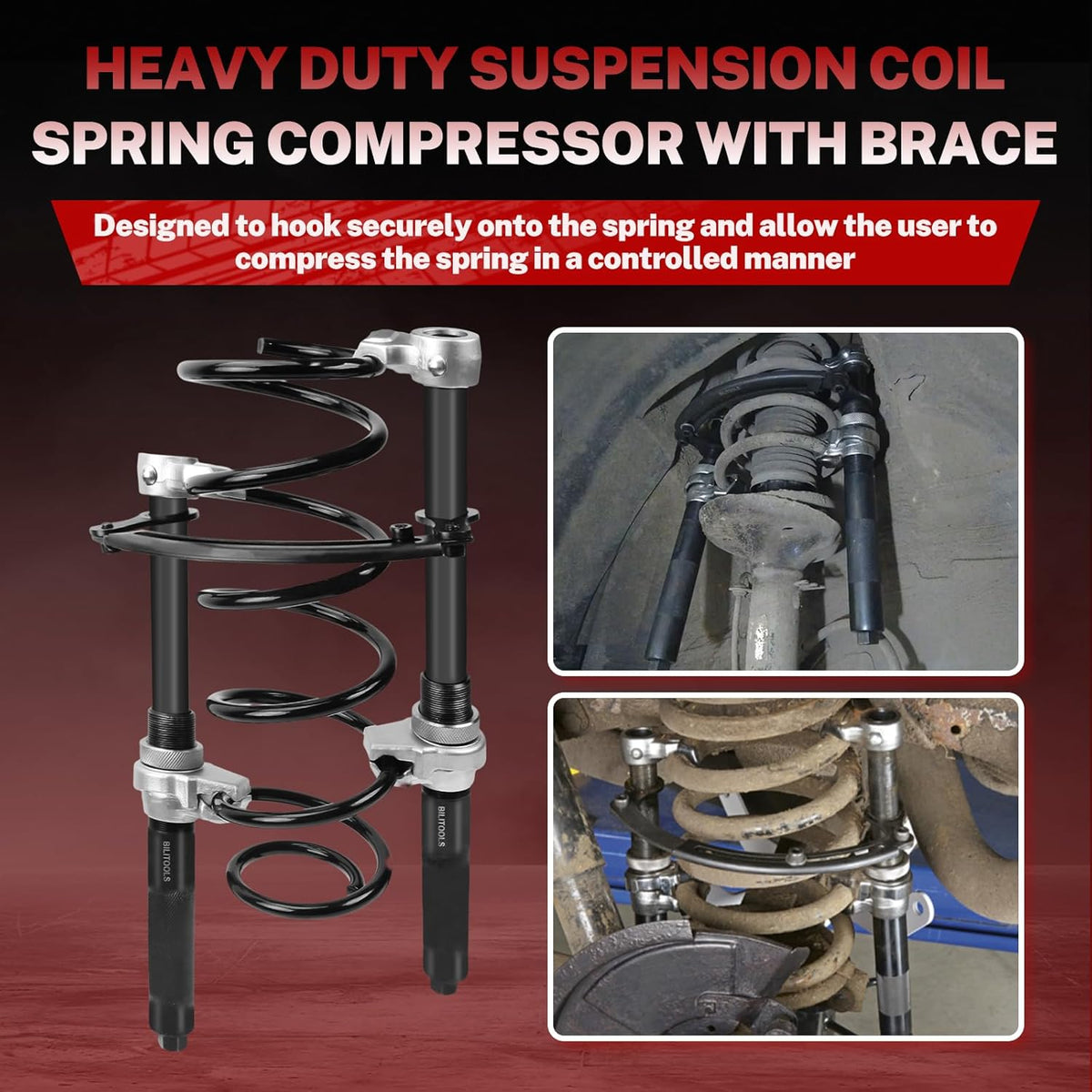 BILITOOLS 2-Piece Coil Spring Compressor Tool Heavy Duty Macpherson Strut Spring Compression Set with Safety Jaws and Holder, Max Load.2645LB