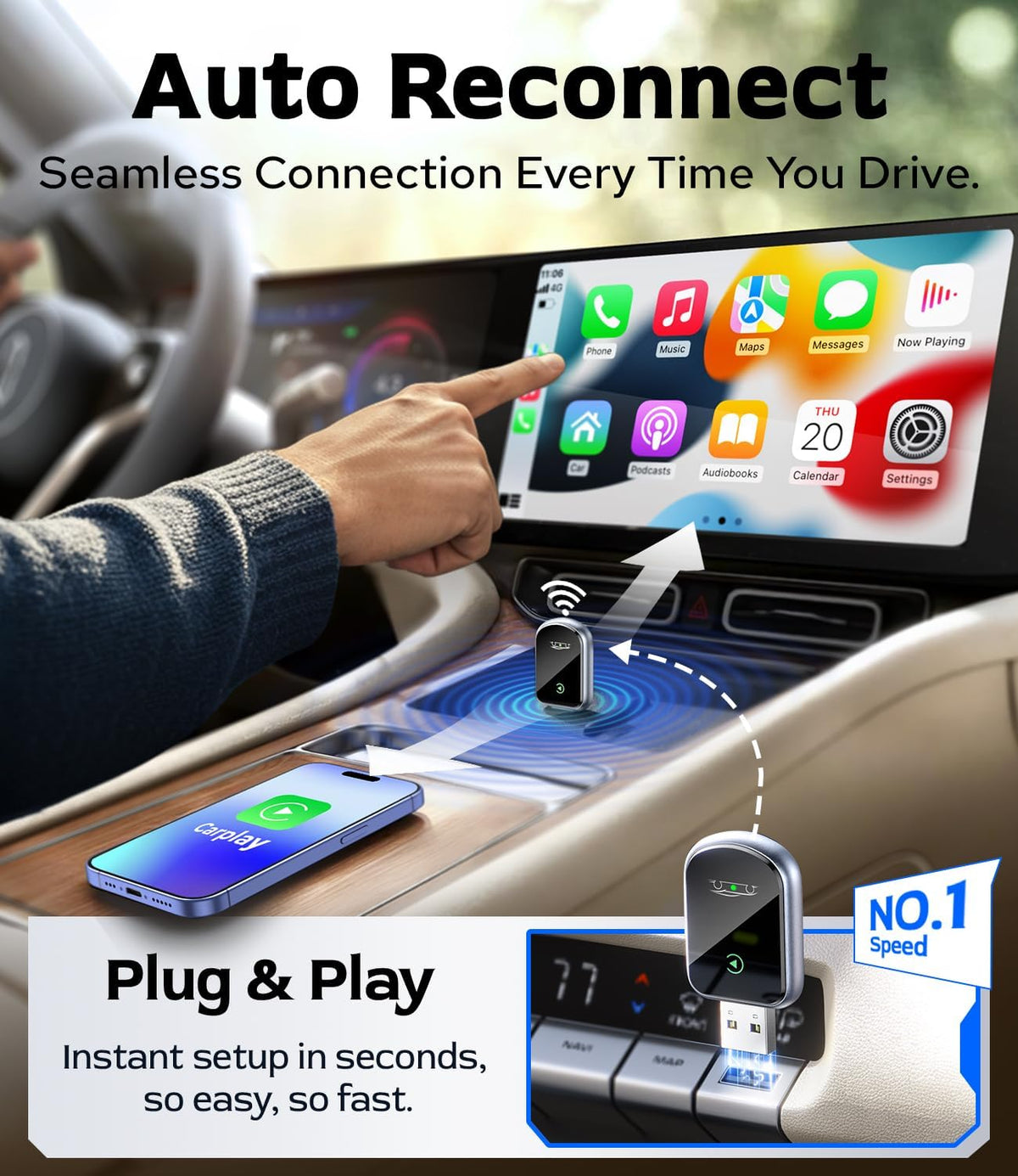 Wireless CarPlay Adapter for Car's with Built-in Wired CarPlay, CarPlay Wireless Dongl Plug and Play Seamless Fast Response Stable Connection