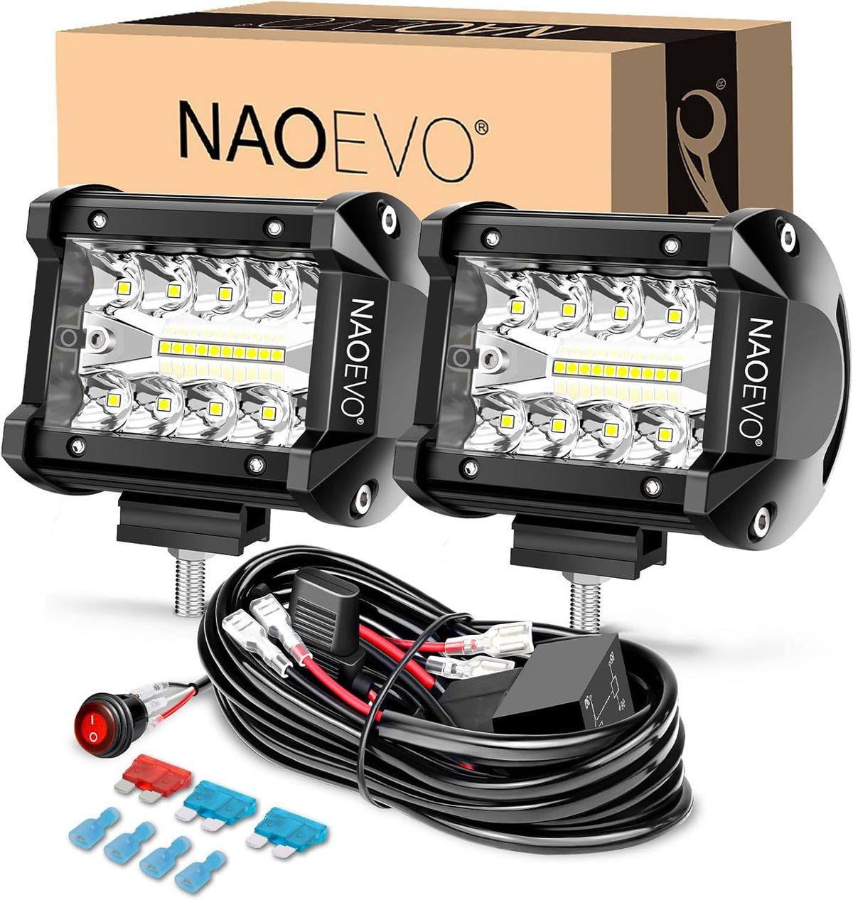 NAOEVO 4 Inch LED Pod Lights, Spot Flood LED Fog/Driving/Off Road Lights with 2 Leads Wiring Harness, Cube Pods for Truck Boat ATV UTV, 2 Pcs (White)
