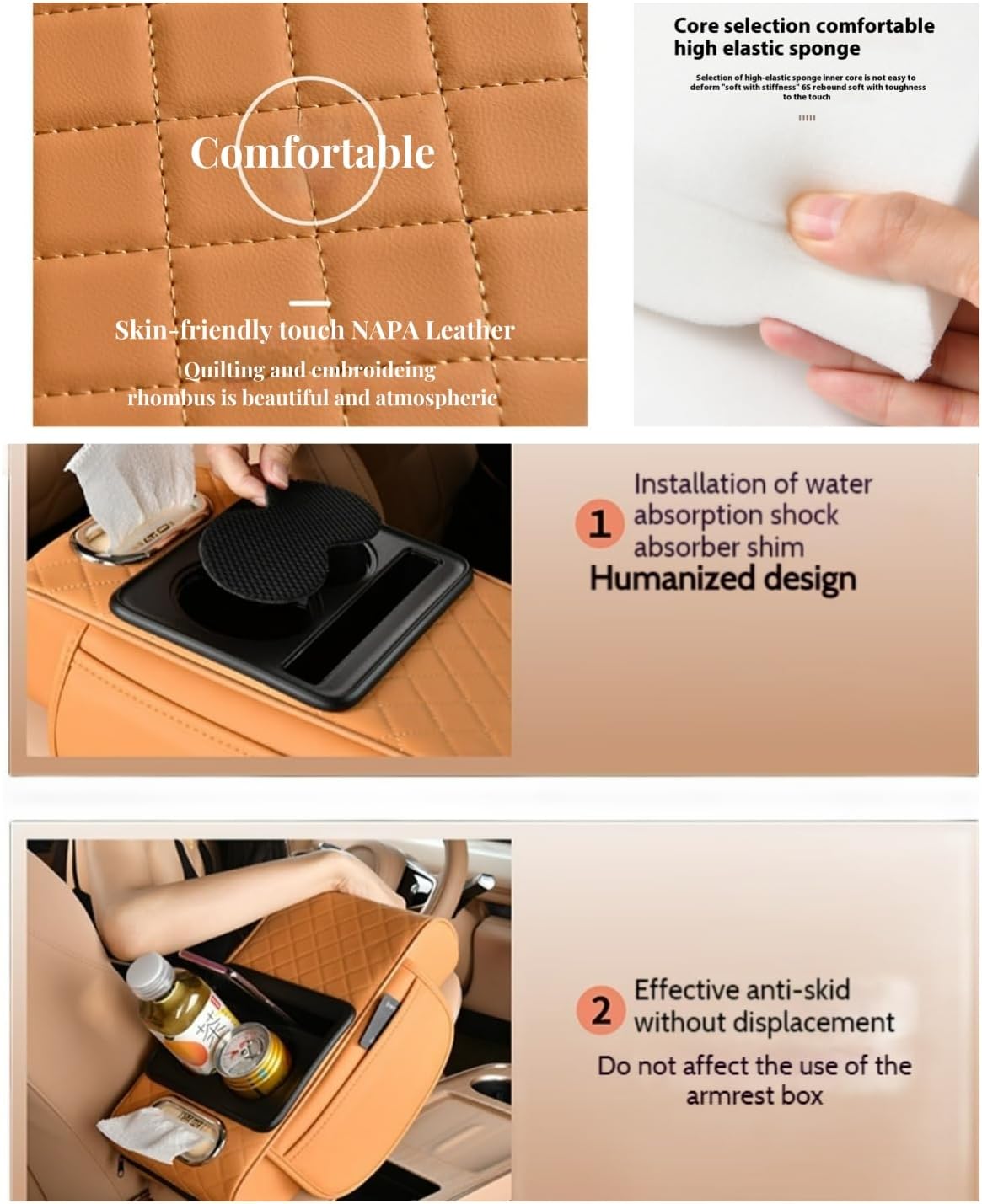 Car Center Console Cover Booster Multifunctional Car Center Console Cushion Pad with Cup Holder & Tissue Box & Side Pockets Arm Rest Cover for Car, Quilting, Black