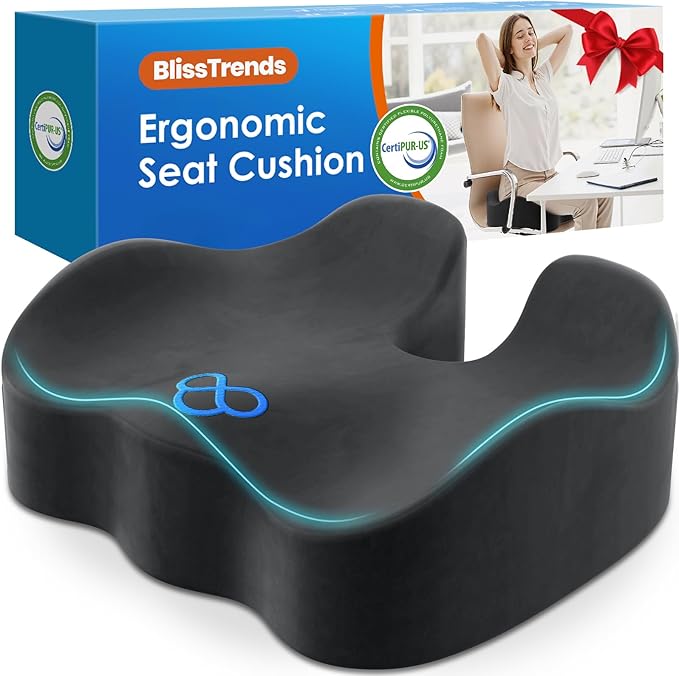 BlissTrends Seat Cushion,5.2in Thick Memory Foam Cushions for Office Chair, Car Seat, Airplane, Relieving Pressure Tailbone Sciatica Back Pain for Long Sitting Office Workers, Car Drivers Grey