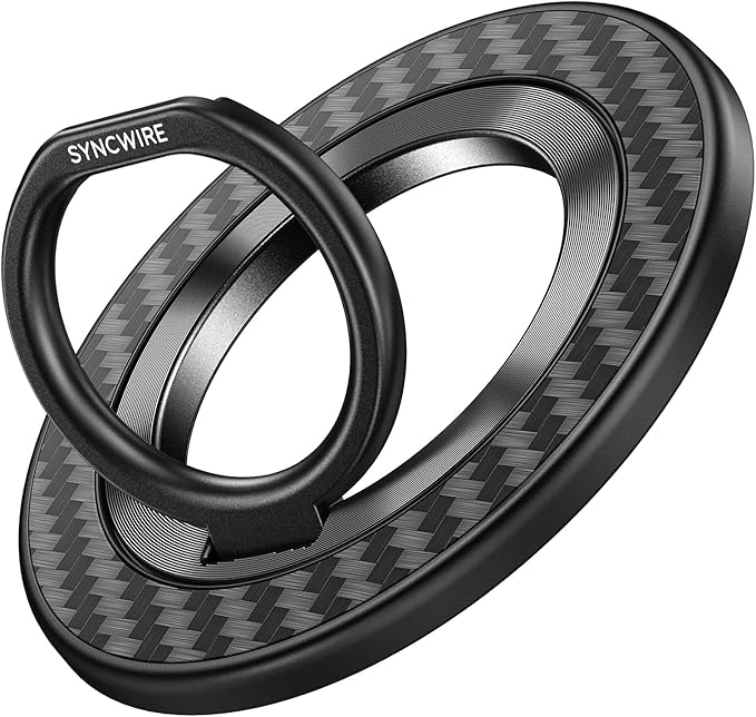 SYNCWIRE Carbon Fiber Magnetic Phone Ring Holder for MagSafe - Magnet Phone Grip Stand with 360° Rotation & Reinforced Hinge Compatible with iPhone 16 15 14 13 Pro Max Plus MagSafe Accessories