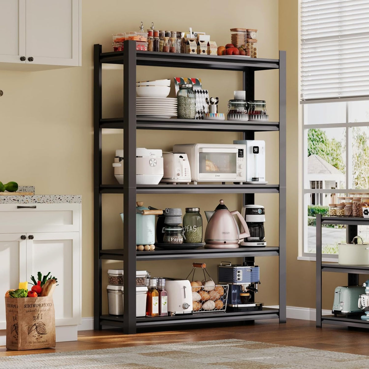 72H Metal Kitchen Storage Shelves, 2800 LBS Heavy Duty Pantry Shelving Unit, 5-Tier Adjustable Pantry Shelves, Food and Beverage Storage Rack, Appliance Storage Utility Shelf for Balcony - Black