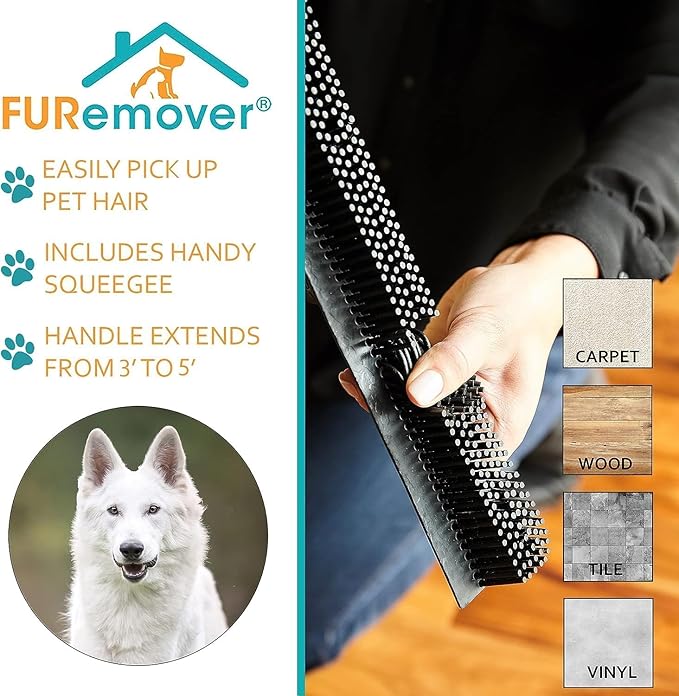 FURemover Original Pet Hair Rubber Broom with Squeegee, with 58” Telescopic Handle for Carpet, Tile and Hardwood and Scrub Cloth Combo