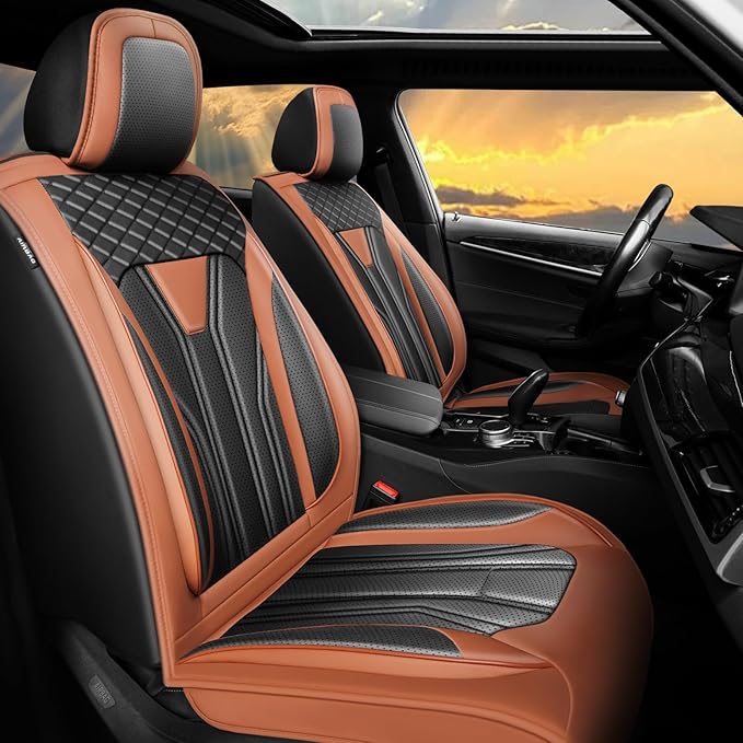 Fit Sonata Car Seat Covers Premium Leather for Hyundai Sonata 2007-2025 2026. Waterproof， Breathable, Scratch-Resistant & All-Weather Seat Cushion Protector（Full Set,Brown&Black