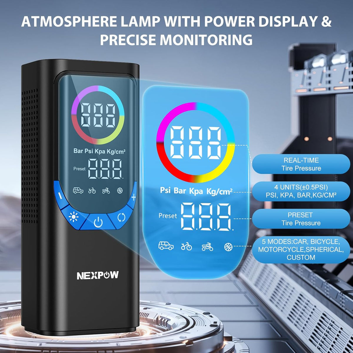 NEXPOW NP17 Portable Air Compressor, 150 PSI Digital Tire Inflator, Fast Inflation with Auto Shut-Off, LED Light, Multiple Nozzles for Car, Bike, and Ball, Compact Design, Blue