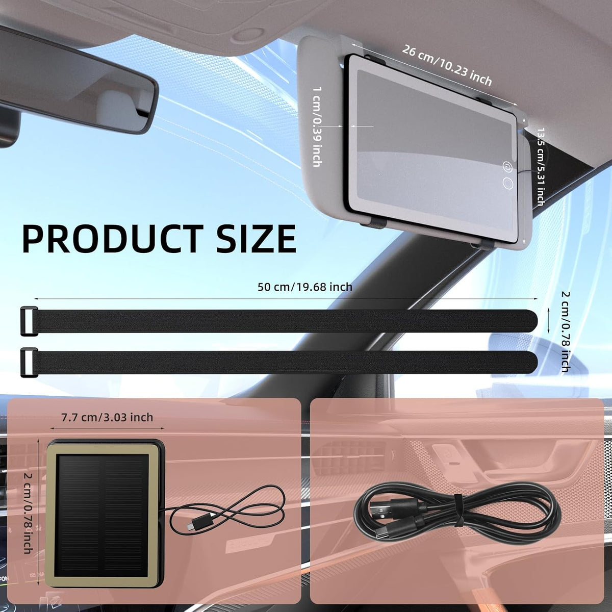 Solar Car Sun Visor Vanity Mirror, Sun Visor Makeup Mirror for Car,Dimmable with 3 Light Modes