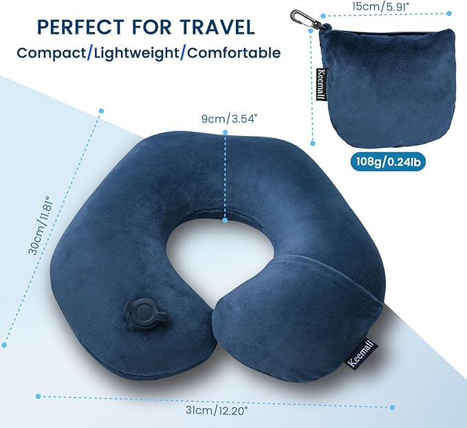 Travel Neck Pillow for Airplane, Compact Inflatable Neck Pillow for Traveling Long Flights, Adjust Firmness Neck Suport Pillow for Sleeping Plane Head Rest for Travel Accessories,Deep Blue