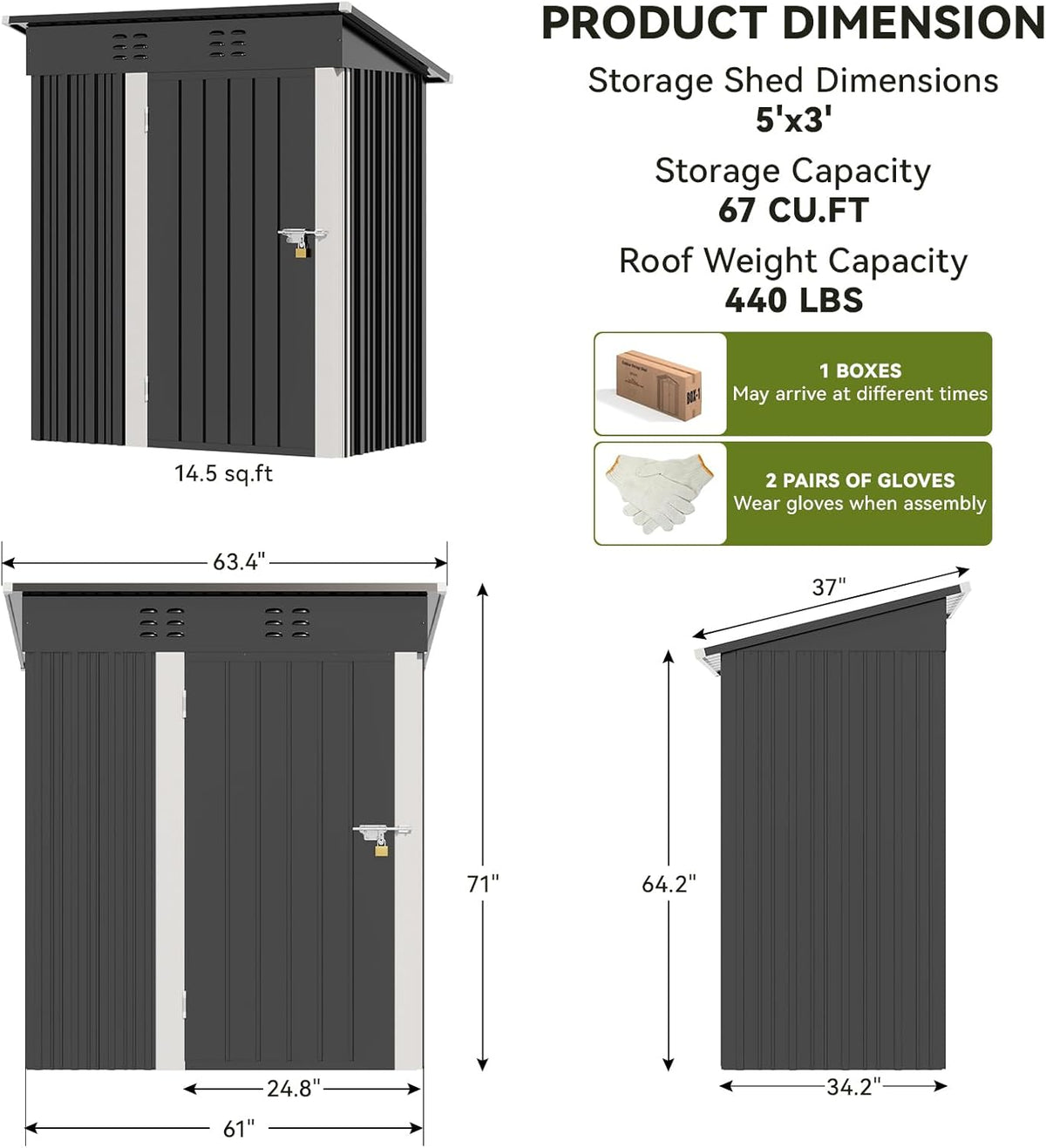 COMHOMA Shed Outdoor Storage Shed Metal,Lockable Doors Tool Sheds with Sloping Roof,Steel Garden Shed with Air Vent for Backyard,Patio,Lawn,Poolside (Grey, 5'*3')