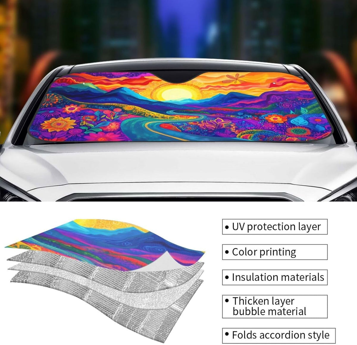 Abstract Flower Sunrise Car Sun Shade Windshield Sunshade Foldable Front Window Shield Cover for Truck SUV