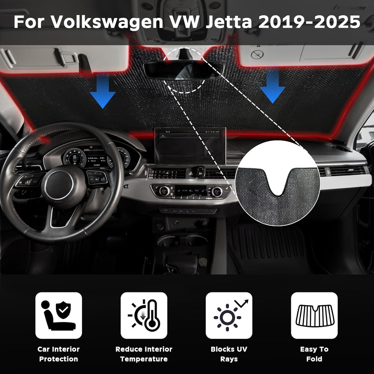 Windshield Sun Shade for Volkswagen VW Jetta 2019-2025 - 5-Layer Bubble Foldable Front Window Shade Sun Visor Accessories - Blocks Heat & UV Rays