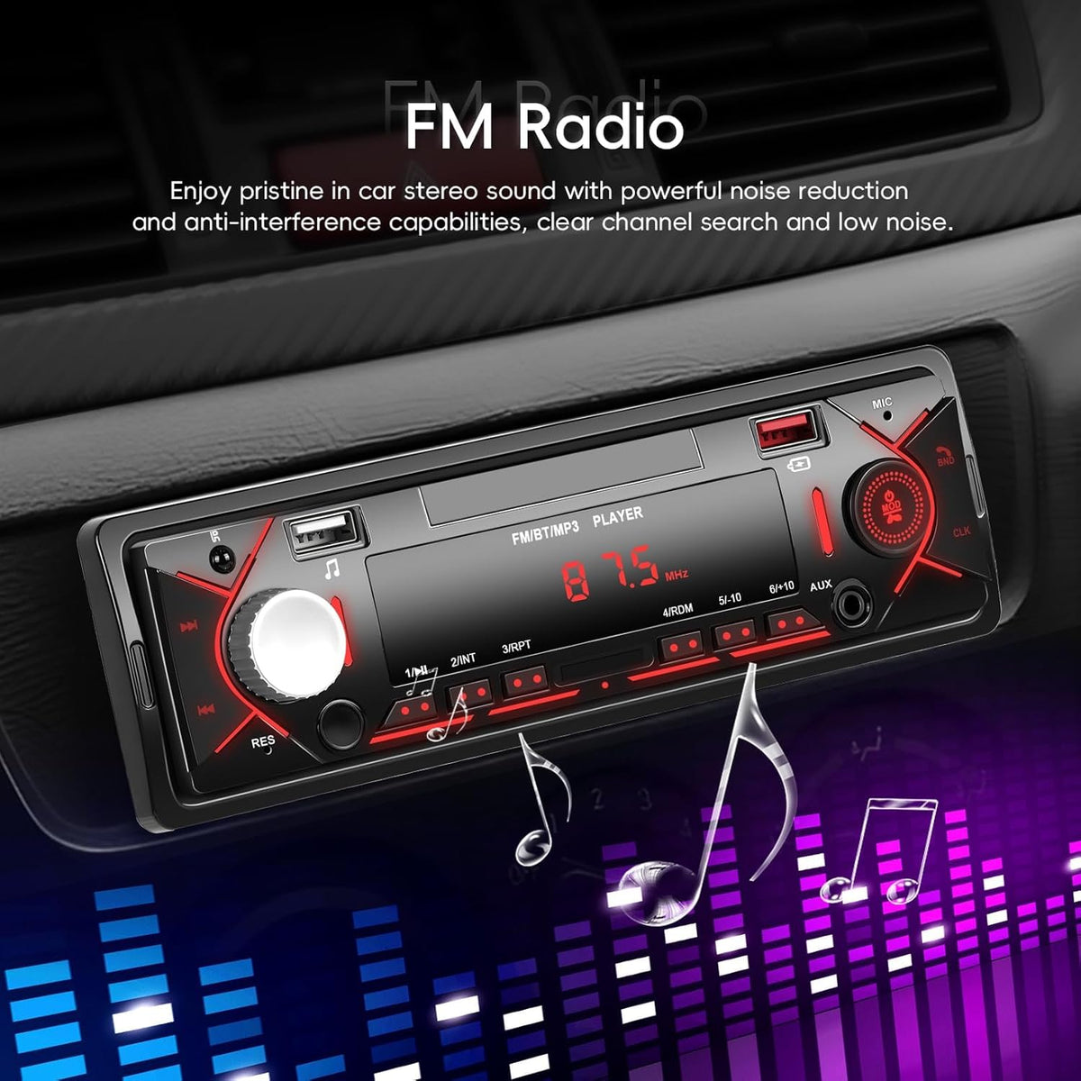 Car Radio Single Din Bluetooth Digital Car Stereo Receiver Hands-Free Calls Audio Multimedia System with 2 USB/AUX FM Radio USB Quick Charge MP3 Player
