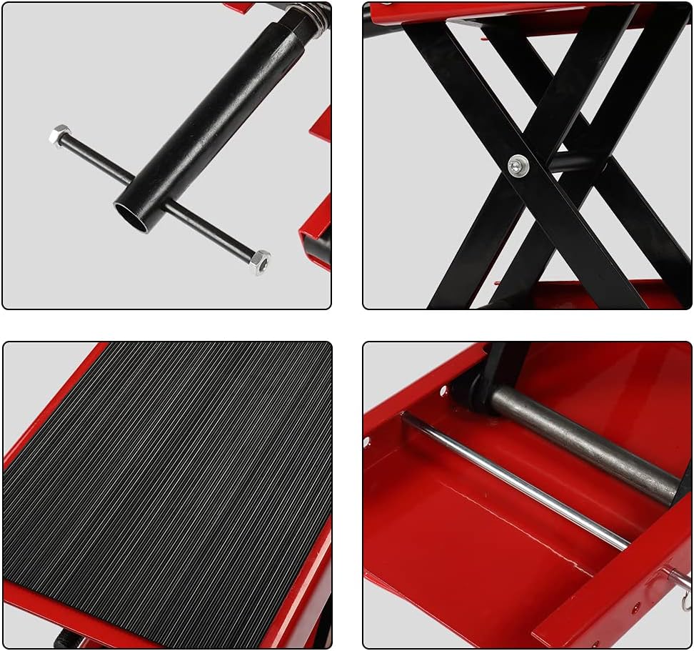 TUFFIOM 1100LBS Motorcycle Scissor Lift Jack，Height Adjustable with Rubber Top Surface & Safety Pin, Foldable Motorcycle Center Stand for Dirt Bike ATV, Red