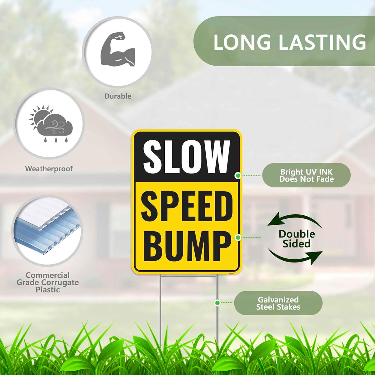 2PC Speed Bump Sign with Stakes, 17 Inches by 13 Inches - Corrugated Plastic - Caution Bump Ahead Signs