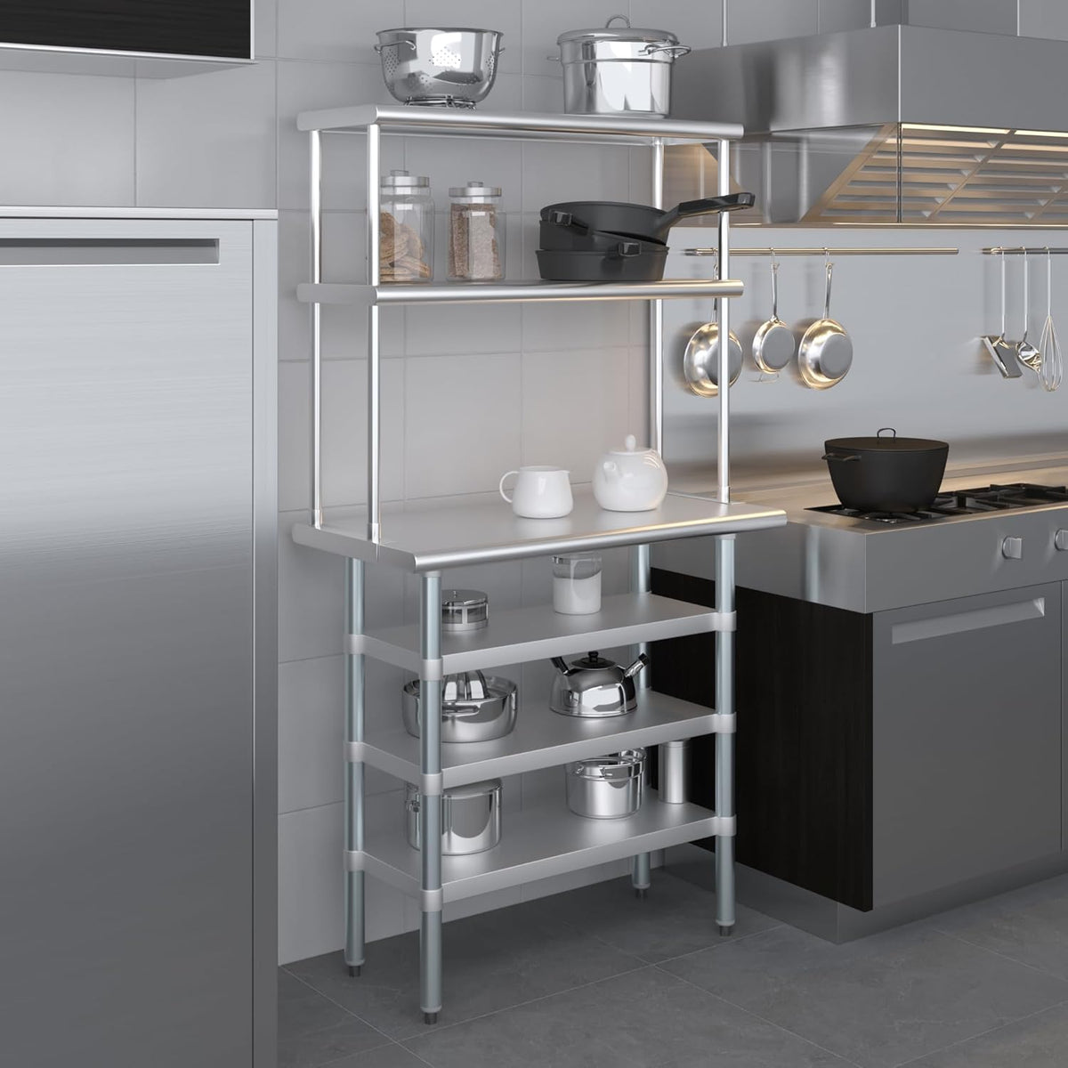 Amgood 18" x 36" Stainless Steel Work Table with 3 Shelves and 12" Wide Double Tier Overshelf | Metal Kitchen Prep Table & Shelving Combo | NSF