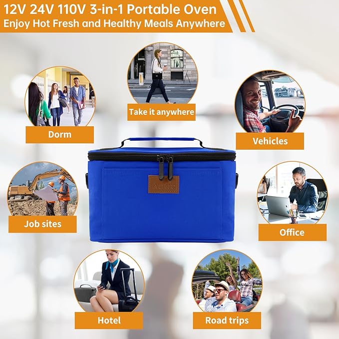 Aotto Portable Oven, Electric Lunch Box Food Heater - 12V/24V/110V 3-in-1 Car Food Warmer - Heated Lunch Box for Adults - Cook, Reheat & Keep Meals Warm for Car, Truck, Travel, Work, Home - Blue