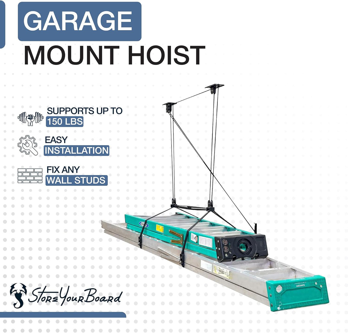 StoreYourBoard Ladder Storage Ceiling Pulley System, Garage Mount Hoist, Heavy Duty Hanging Organizer Holds 150 lbs