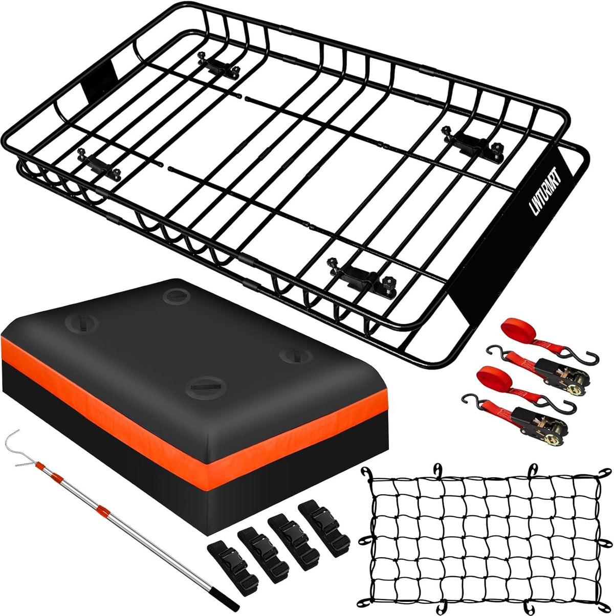 Heavy Duty 58"X36"X5" Roof Rack Basket Universal Rooftop Carrier With Waterproof Bag 18 Cubic Feet (54"X34"X17"), Cargo Net With Grabber