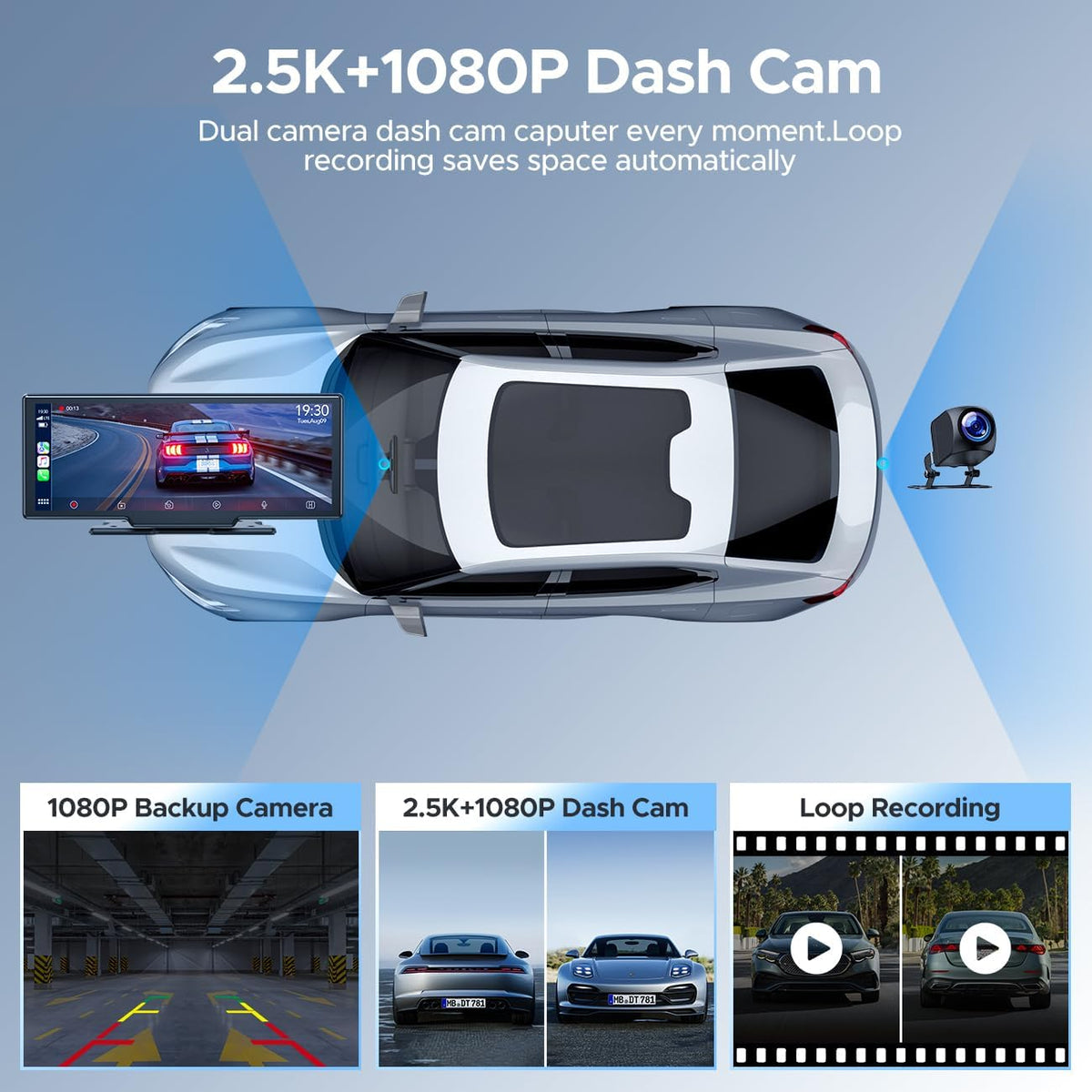 9.26'' Carplay Screen for Car with 2.5K Dash Cam and 1080P Backup Camera Portable Wireless Android Auto Screen GPS Navigation Mirror Link Voice Control Hands-Free for iOS 11+ Android 11+