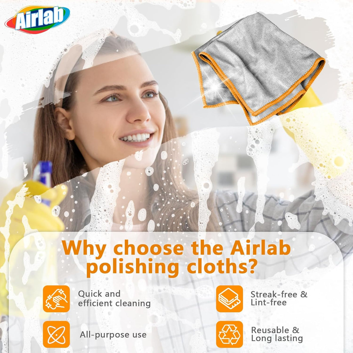 Glass Polishing Cloth Streak Free Miracle Microfiber Cleaning Cloth Lint Free Cleaning Rags for Glasses Kitchen Dish Mirrors Easy Clean, Pack of 6, 12" x 12", Sliver-Orange