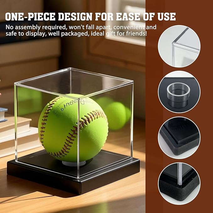 Softball Display Case, Clear Acrylic Cube Softball Case, UV Protected Ball Holder Showcase, Softball Stand Box for Signed Balls Memorabilia