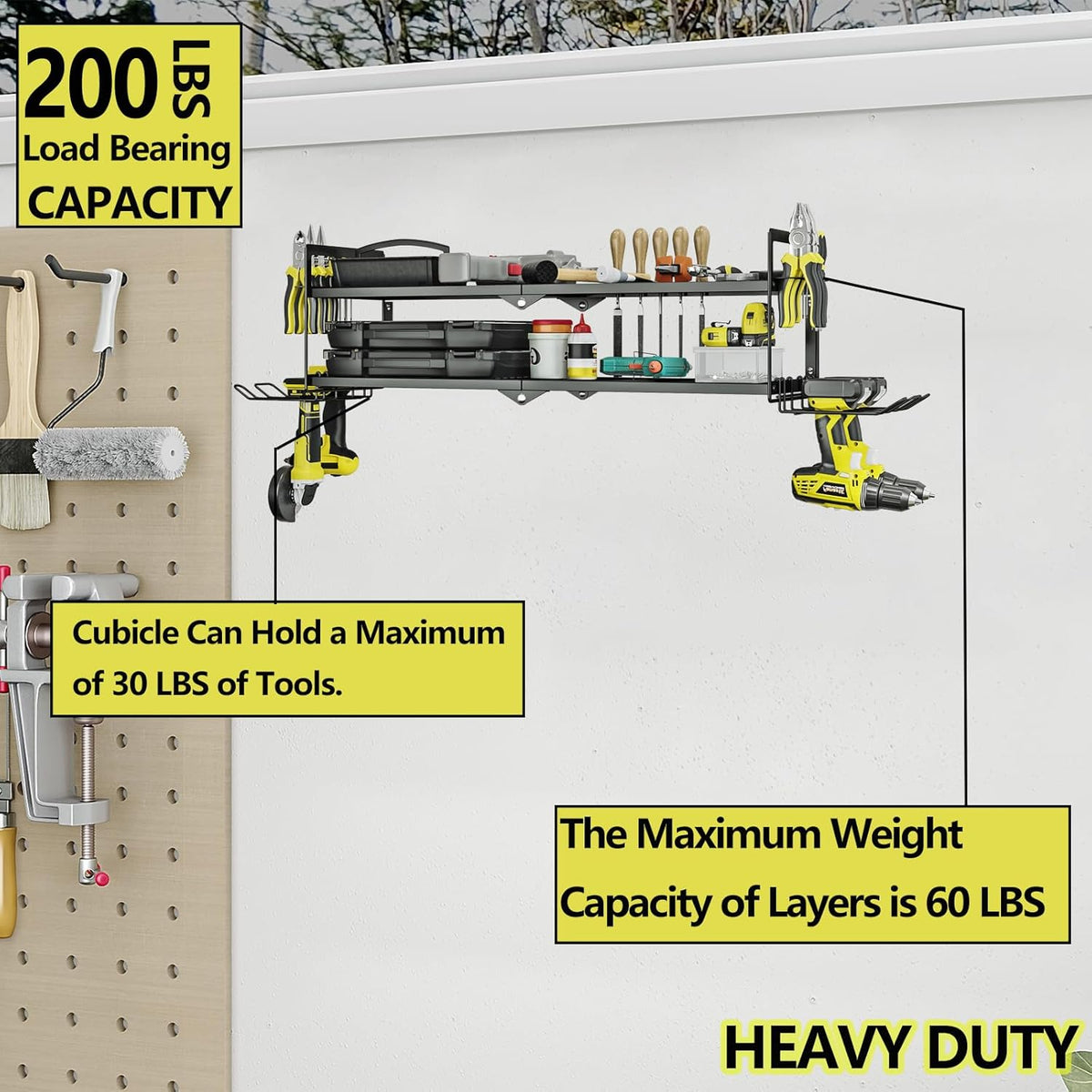 AZERPIAN Heavy Duty Power Tool Organizer Wall Mount for Drill and Cordless Tools Heavy Duty Rack for Garage Organization Workshop Pegboard (2 Layers 4 Slots)