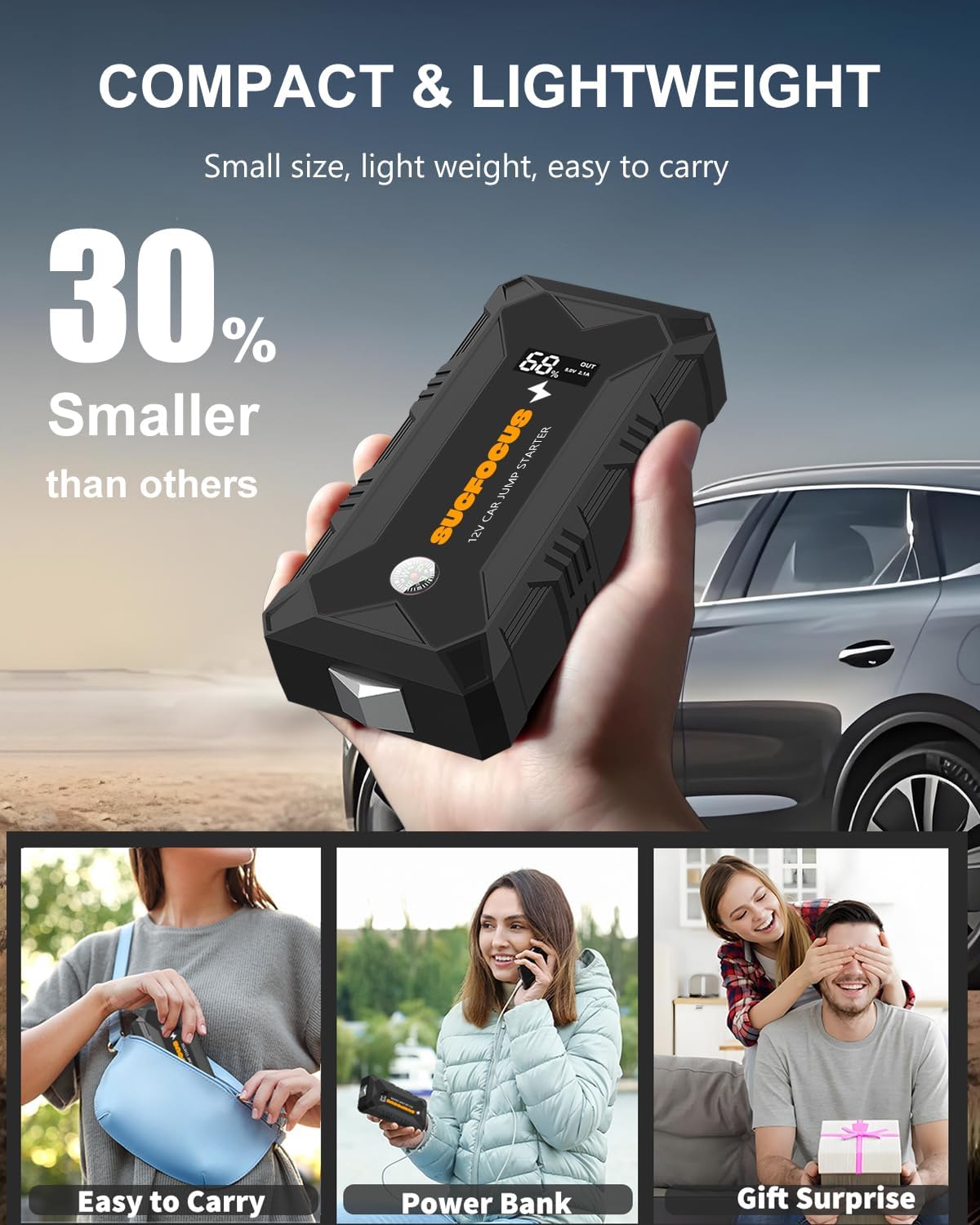 Jump Starter, 2500A Battery Jumper Starter Portable (for 8.0L Gas or 6.5L Diesel Engine), Car Battery Jump Starter, Jump Box, Jump Start Battery Pack with Jumper Cable, LED Light, USB QC3.0 (Black)