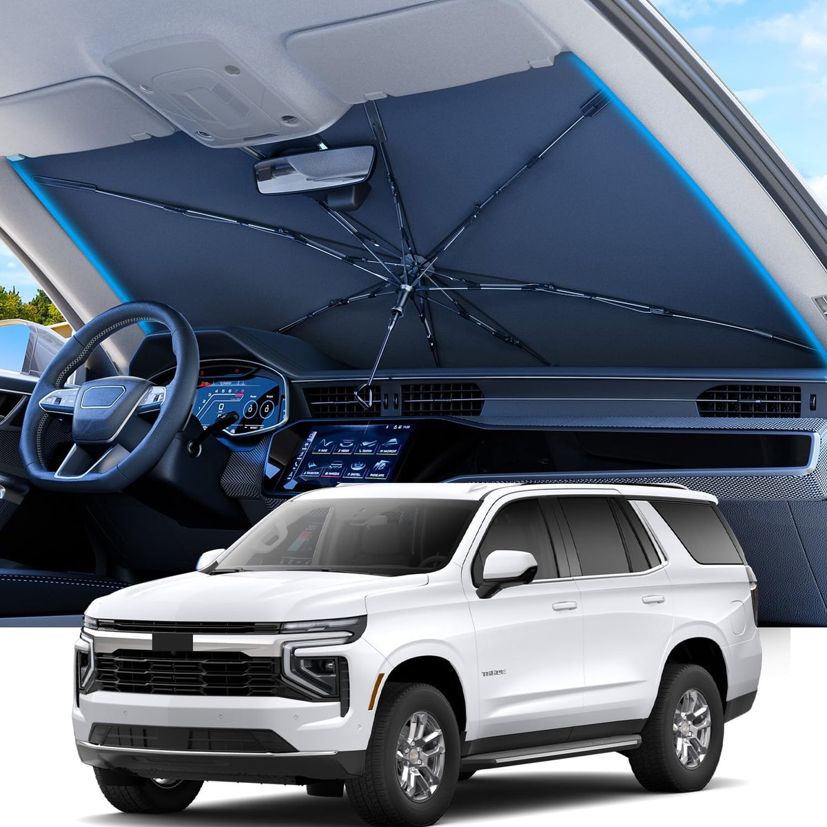 REEVAA 2025 Upgraded Truck Windshield Sun Shade Umbrella [100% Sun Protection & Keep Cool] Protect Interior, 360° Flex Handle Sun Shield Sunshade, X-Large (61''x40'') for Full-Size Trcuk/MPV Car