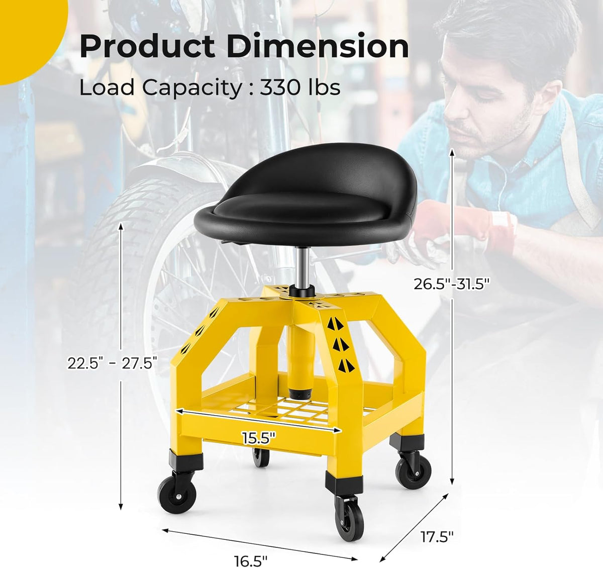 S AFSTAR Shop Stool with Wheels, Height Adjustable Garage Stool with 4 Universal Wheels & Tool Tray, 330 LBS Capacity, Heavy Duty Creeper Chair Seat Rolling Mechanic Stool for Garage Workshop (Yellow)