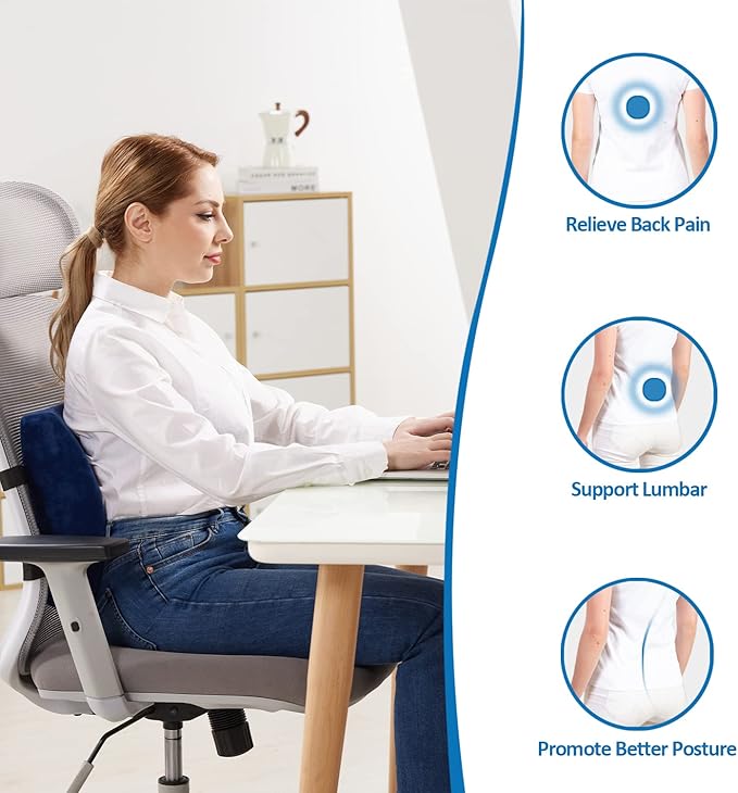SAIREIDER Office Chair Lumbar Pillow, Memory Foam Back Support Pillows for Car、Gaming Chair、 Home Chair, Fatigue Relief Correct Posture, Double Adjustable Straps(Navy Blue)