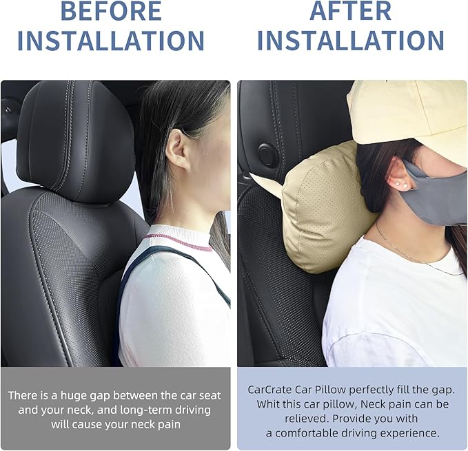 Car Neck Pillow, 2 Pack PU Leather Car Headrest Pillows with Adjustable Strips, Car Neck Support Ergonomic Du-Pont Bio Cotton Pillow, Head Rest Travel Pillow for Car (Beige, Soft Style)