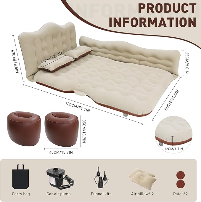ISWEES Car Bed SUV Air Mattress, Car Air Mattress with Electric Pump, 2 Inflatable Pillows and 2 Footrests for Back Seat, Side Seat,Trunk Sleeping, Thickened Camping Bed - Brown
