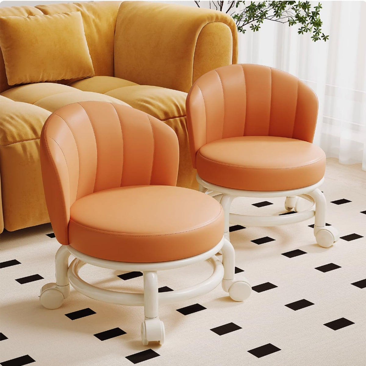 Low Rolling Stool with Backrest,Rolling Pedicure Seat,Low Stool with Wheels for Home, Office, Garage, Shop, Library (Orange)