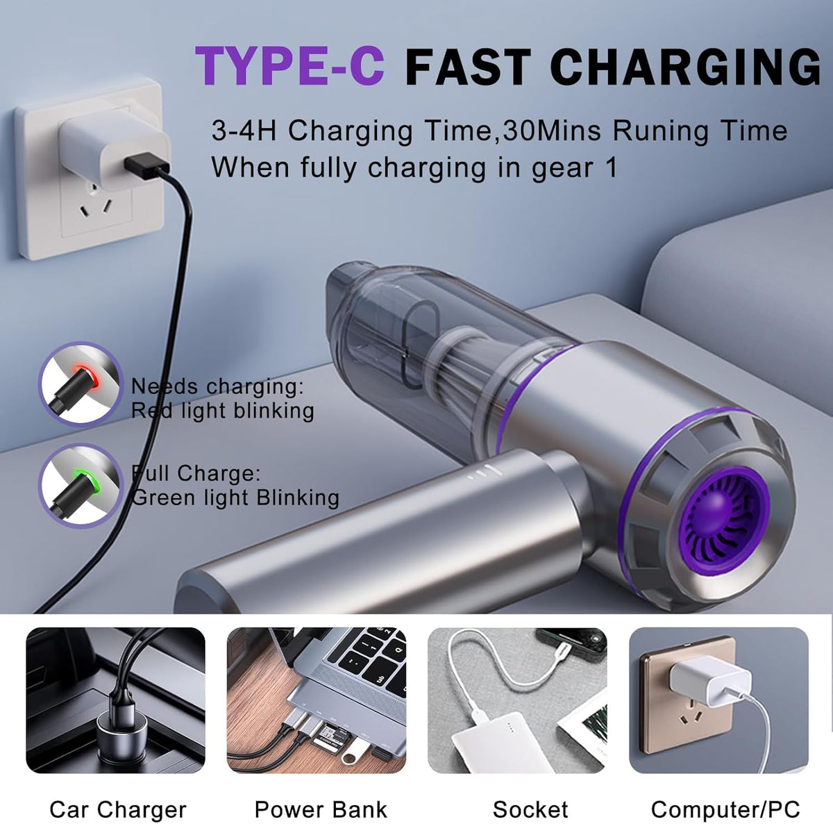 Mini Car Vacuum Cleaner,20000PA 4-in-1 Cordless Handheld Vacuum Cleaner with 6000mAh Battery Brushless Motor Hand Held Vacuum Air Duster & Air Blower & Pump for Car,Office and Home Cleaning