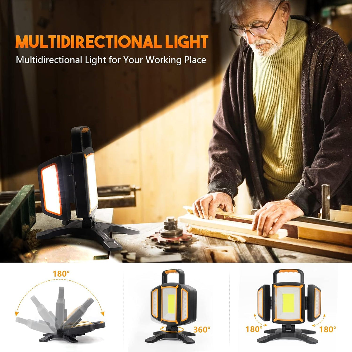 30W Rechargeable Work Light, 3000 Lumen Magnetic Work Light Battery Powered, Waterproof Portable Cordless Job Site Lighting for Construction Site, Workshop, Garage, Camping, and Car Repairing