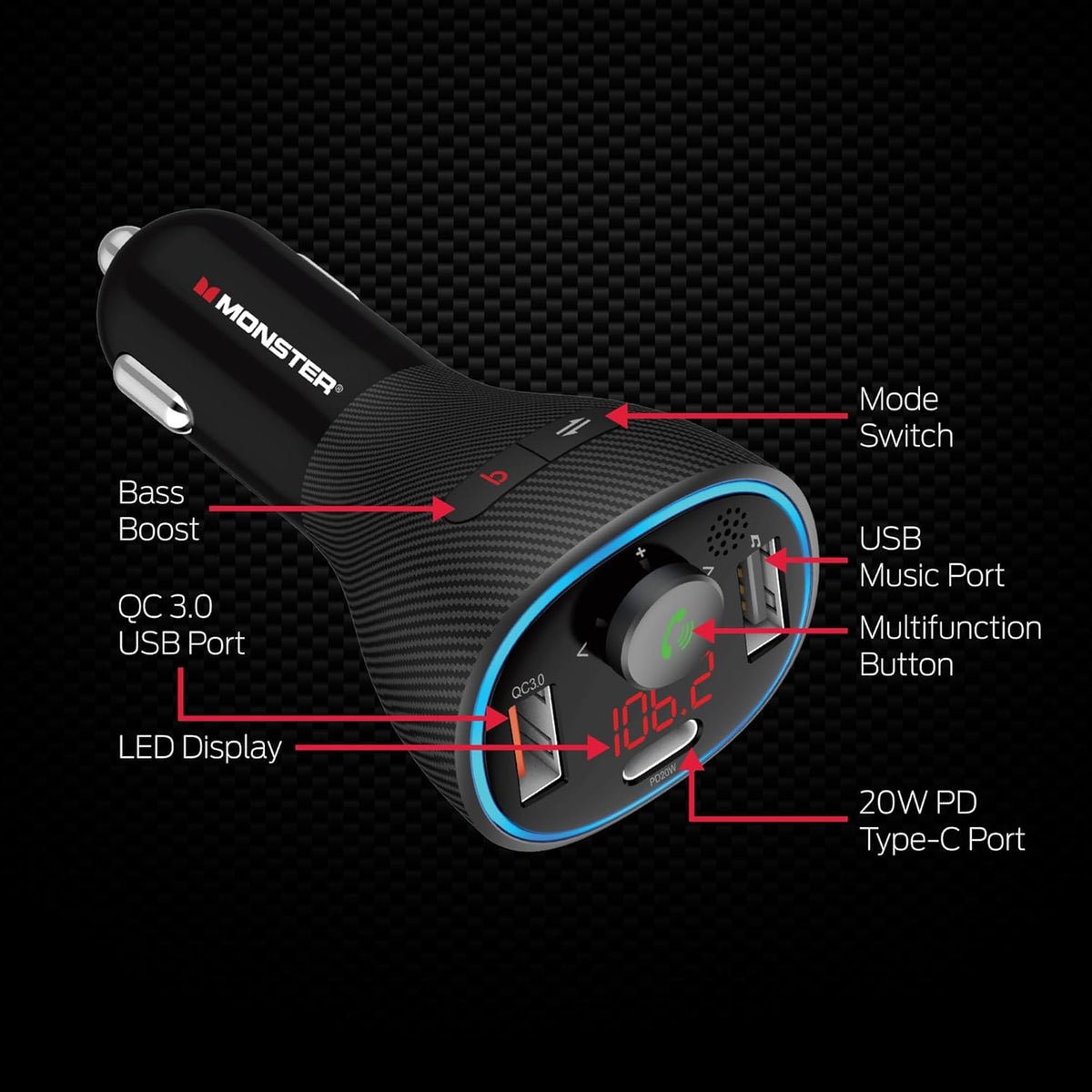 Monster Bluetooth FM Transmitter for Car Cigarette Lighter with 20W QC3.0 USB A & USB C PD Charger, Bass Boost Button, Flash Drive Port, Google Voice & Siri Compatible, Hands-Free Calls, Microphone